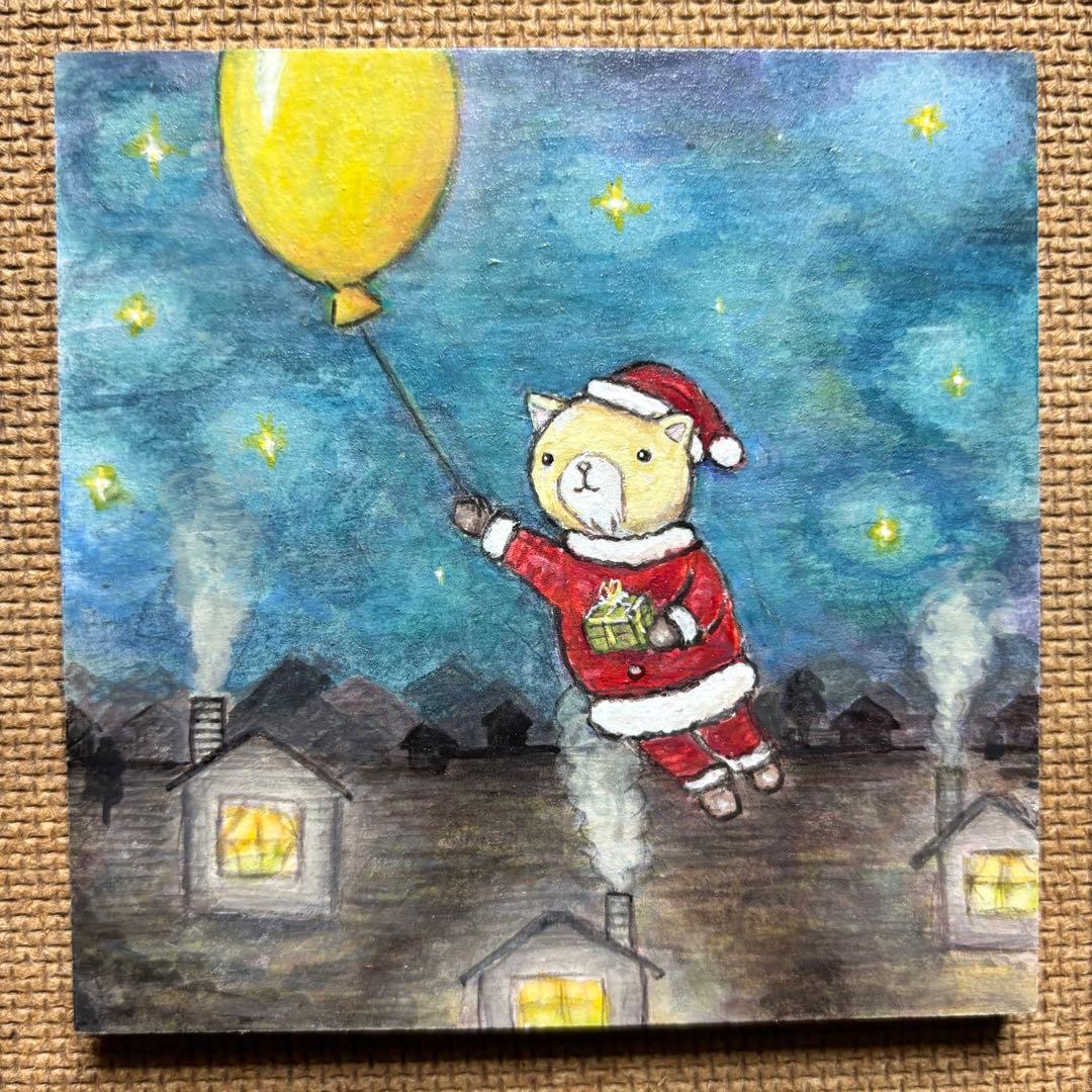 けい　クリスマス価格　自作絵画　風船でやって来たサンタ　猫の絵