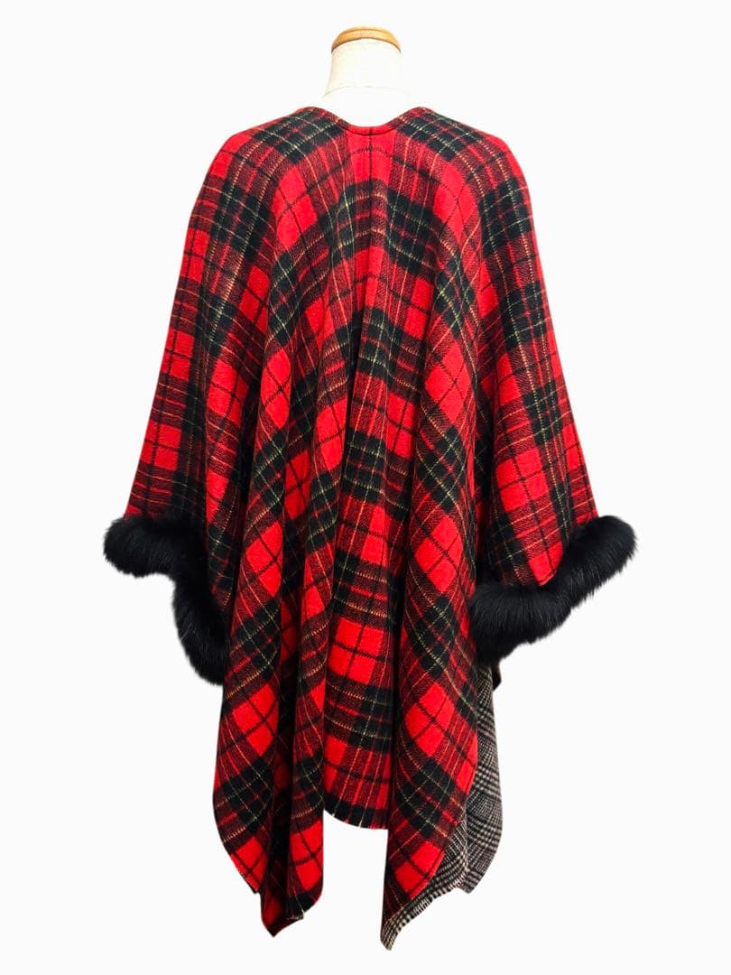 美品 GRACE CONTINENTAL ファー チェック ポンチョ ストール