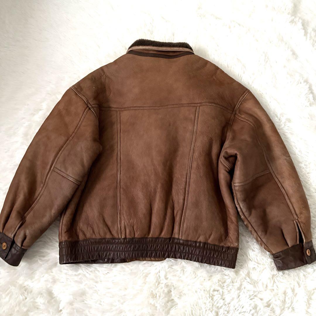 美品☆ムートン 羊革 レザージャケット 裏ボア 本革 ブラウン メンズL〜XL
