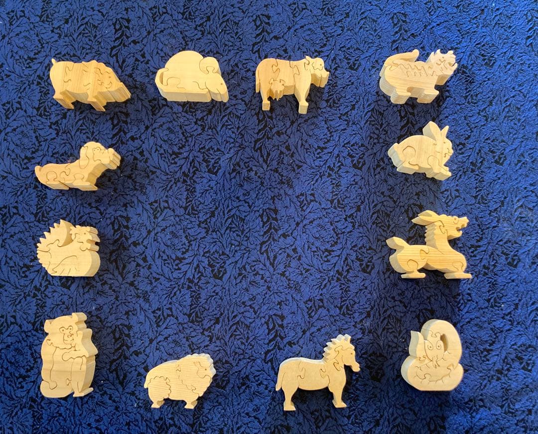 神戸作家手作り 木製干支12支パズル置物セット 味わい深いハンドメイド
