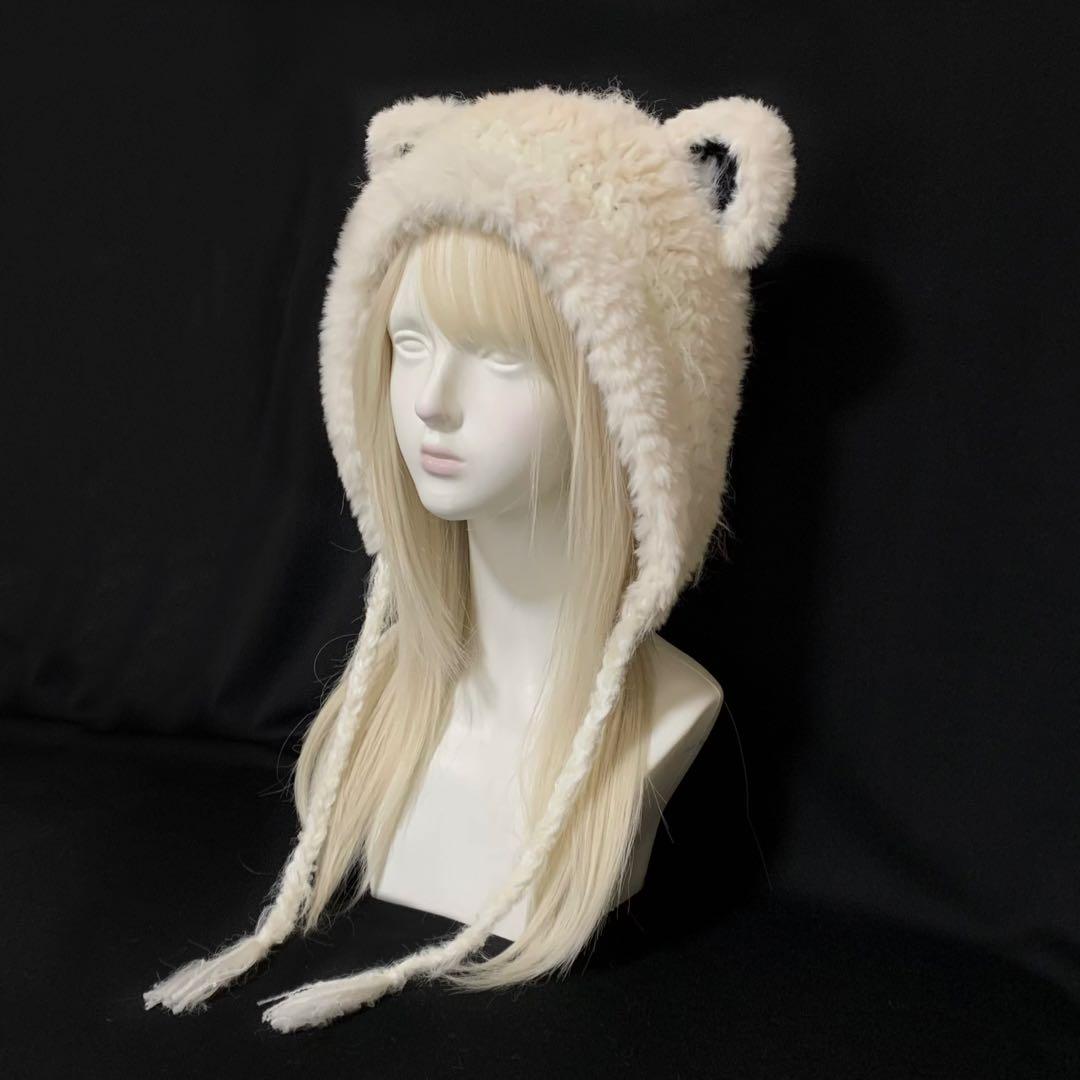 【ぎゅな】猫耳ボンネット ハンドメイド 編み物 猫耳ニット帽