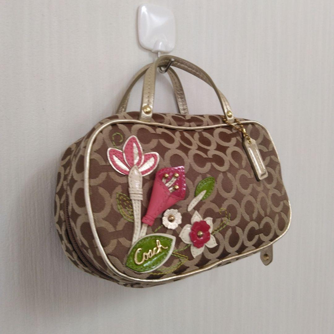 【COACH】花モチーフ シグネチャー 化粧ポーチ ハンドル付き ベージュ　美品