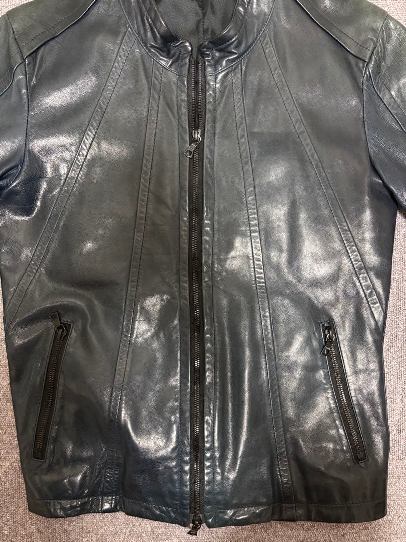 【美品】NO ID. 馬革 ホースレザーネイビー ダブルジップ レザージャケット