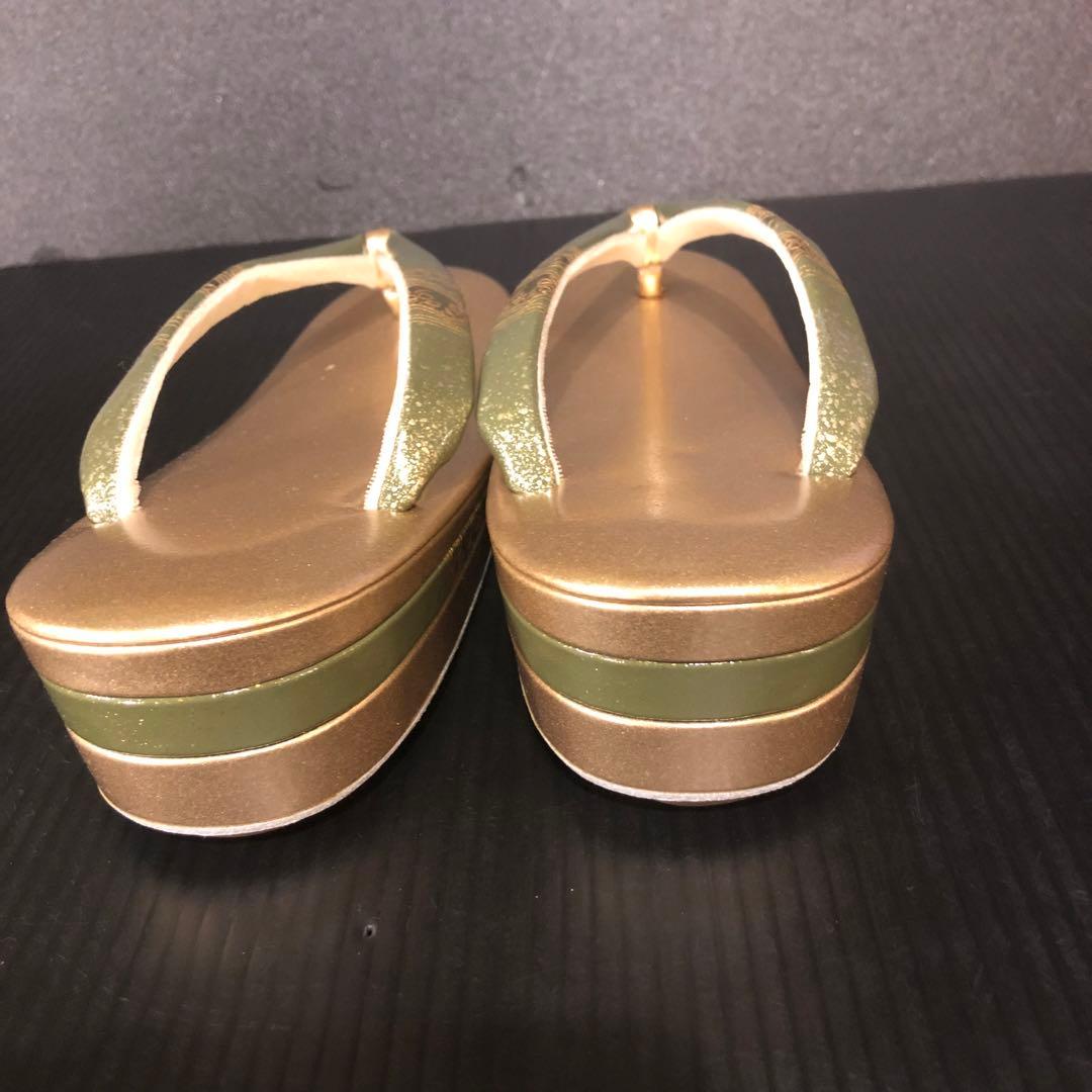 未使用　エナメル　キンワシ印　草履バッグセット　ゴールド／グリーン538-4