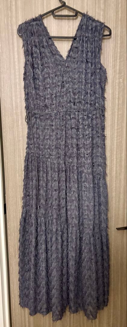 【美品】FRAY I.D フリンジジャガードカシュクールワンピース GRY