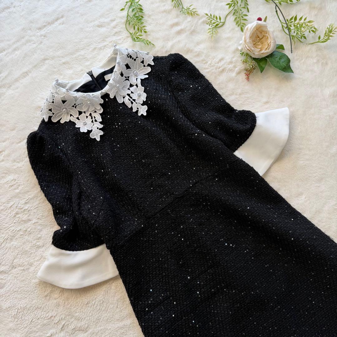 Leja レジャ 花柄レースカラースパンコール刺繍Aラインフレアドレスワンピース