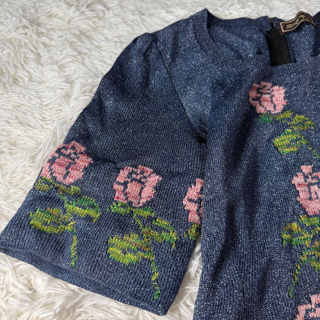 サイトウトヨコ ラメニットワンピース ロング 斉藤都世子 ネイビー 薔薇柄