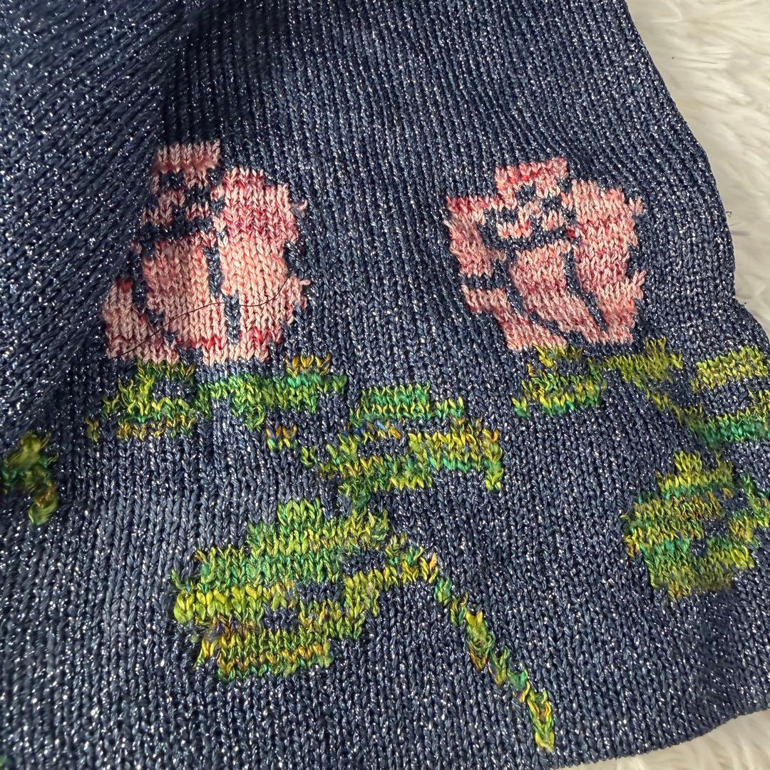 サイトウトヨコ ラメニットワンピース ロング 斉藤都世子 ネイビー 薔薇柄