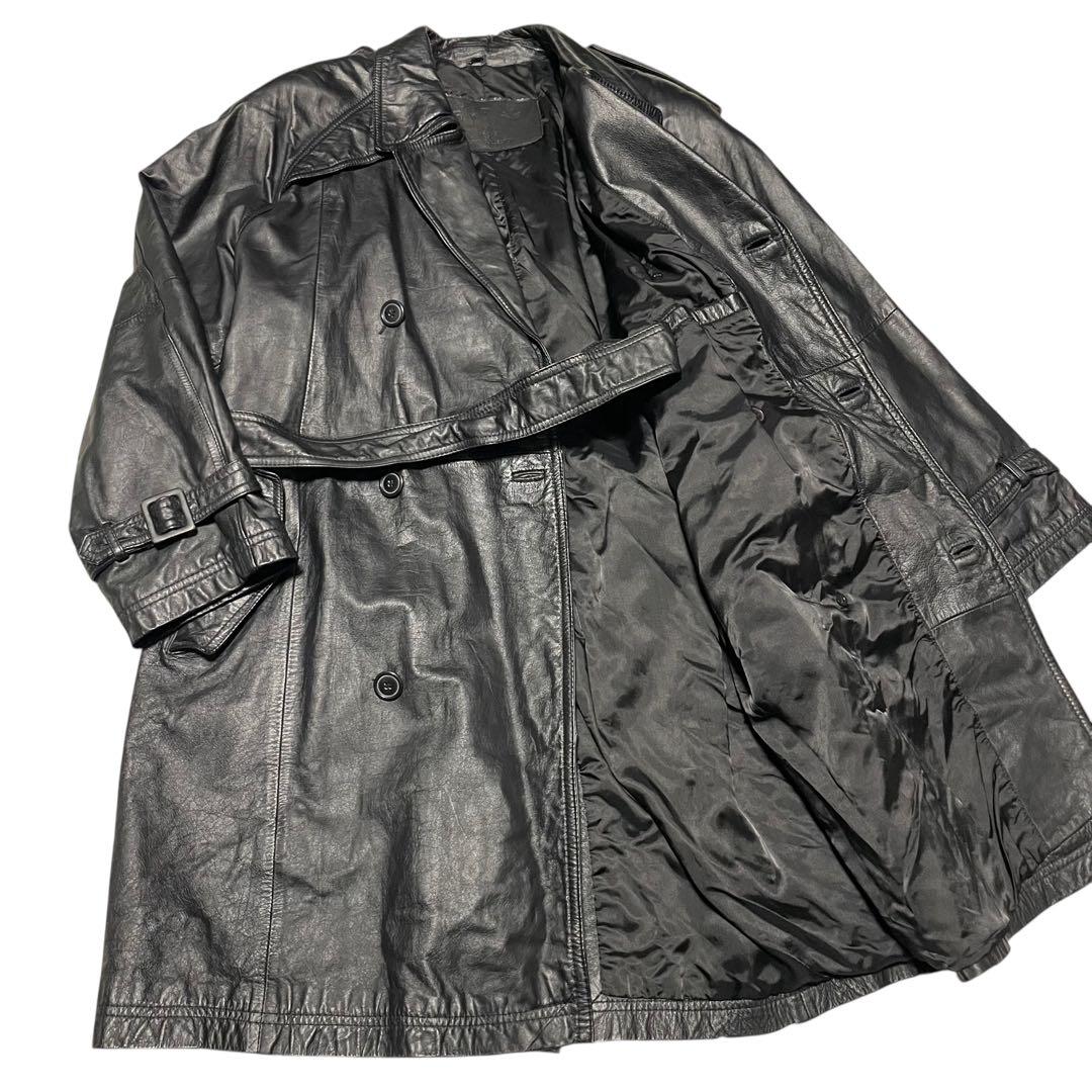 【vintage】牛革 カウレザーマキシ丈ダブルチェスターコート ベルト 黒 L