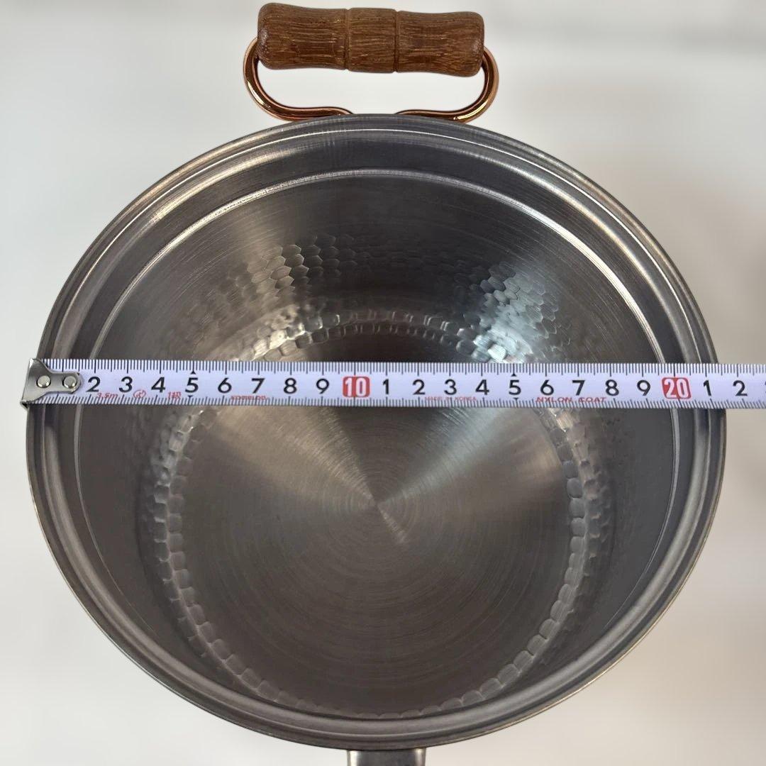 ガラス蓋付き 両手鍋 約20cm 銅調ハンマー仕上げ 木製ハンドル 美品