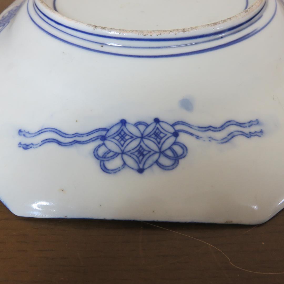 印判 変形八角皿 角皿 変形皿 明治 大正 鶴 松 波 龍 宝