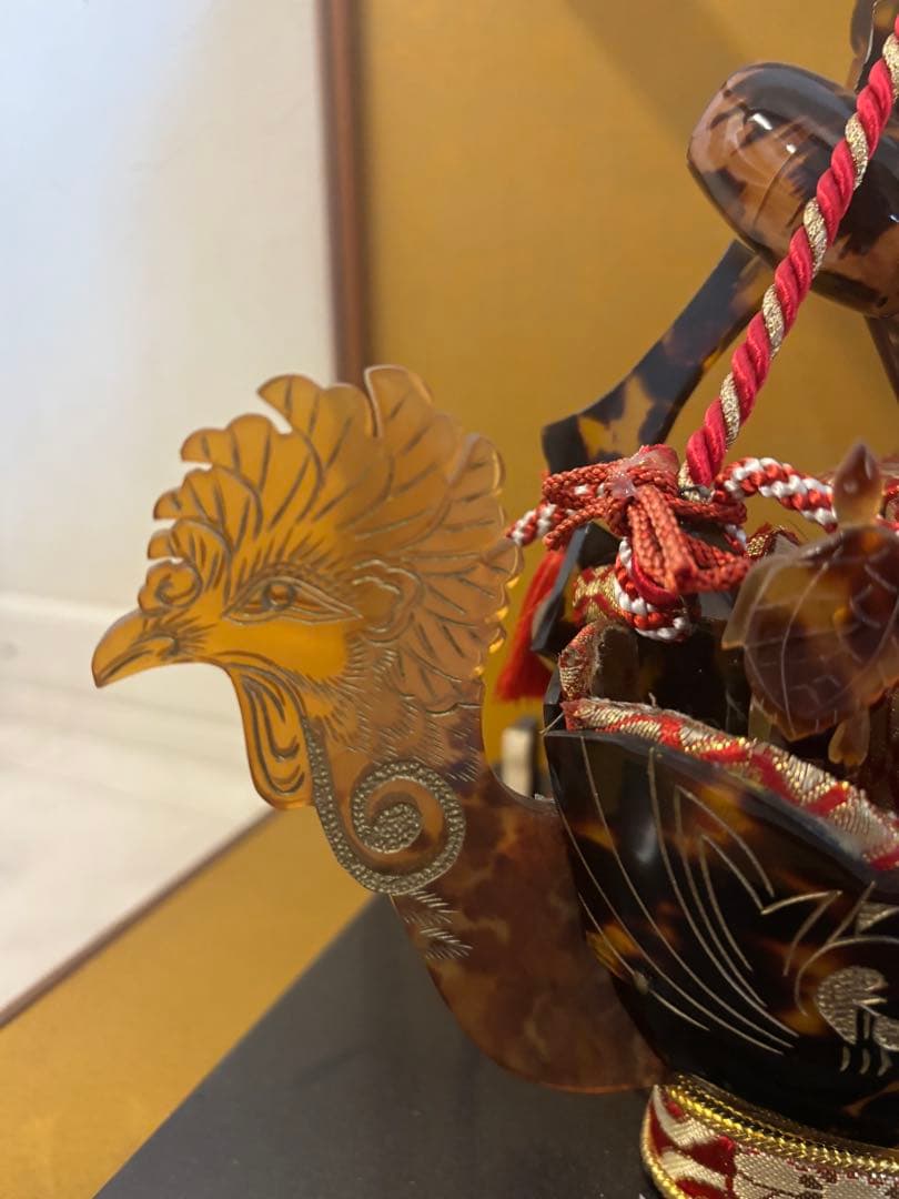 本鼈甲 鼈甲 べっ甲 宝船 置物 白赤珊瑚 ガラスケース 柴田べっ甲店