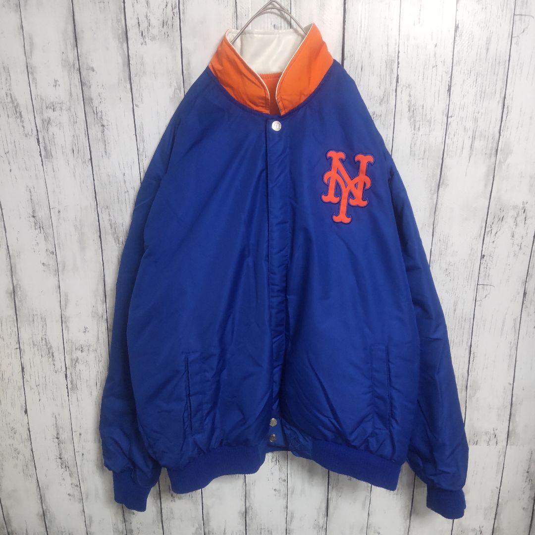 MLB メッツの刺繍ビッグロゴが映えるリバーシブル仕様の合皮スタジャン古着 XL