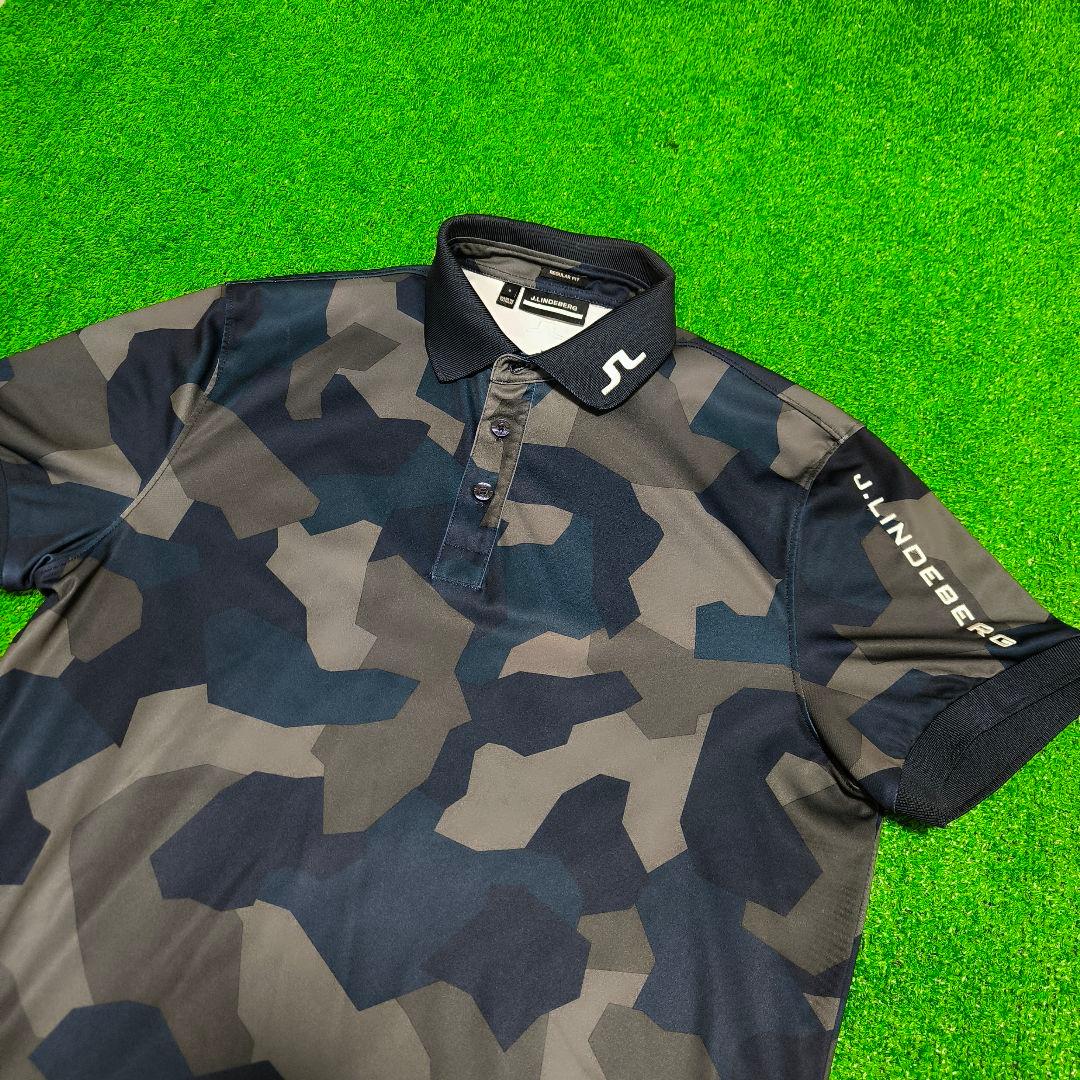 J.LINDEBERG GOLF 迷彩柄 半袖ポロシャツ S グレー×ネイビー