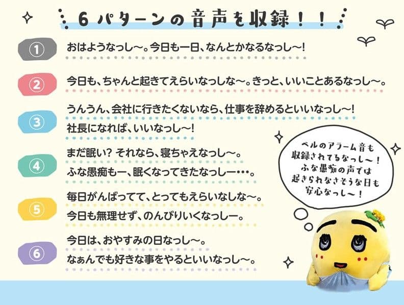 ふなっしー　目覚まし時計　ふな愚痴先輩　のんびりすぎる音声　６パターン＆ベル音