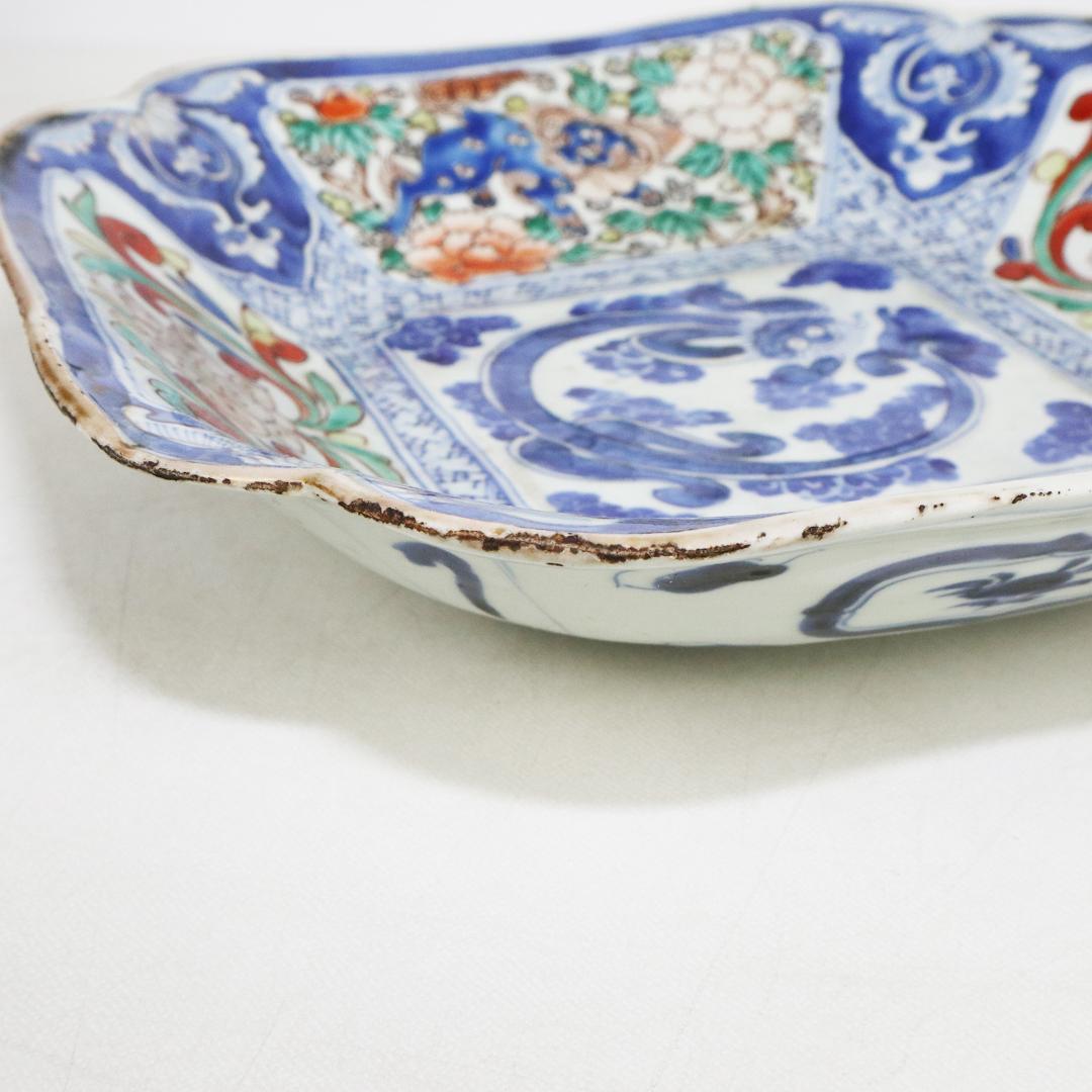 古伊万里 染錦 龍 唐獅子 牡丹　大平四方皿
