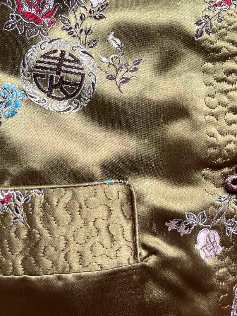 vintage チャイナジャケット リバーシブル サテン 古着 刺繍 赤 カーキ