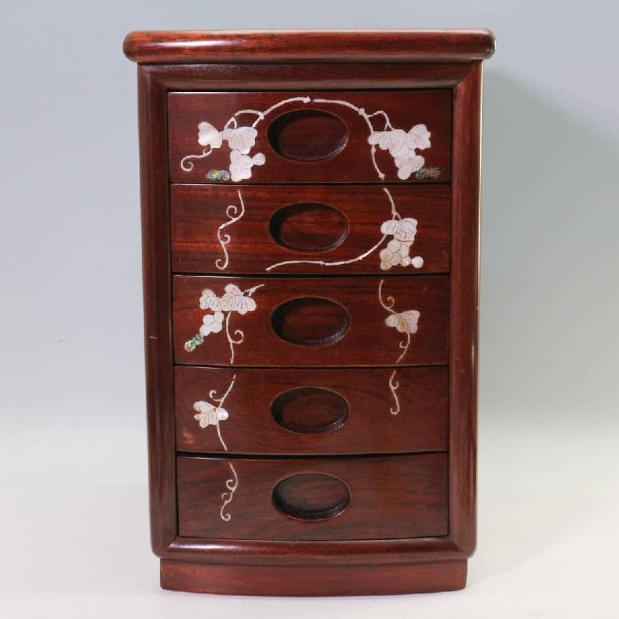 中国李朝様式 象嵌 小引き出し 5段 葡萄文 26x32x41cm