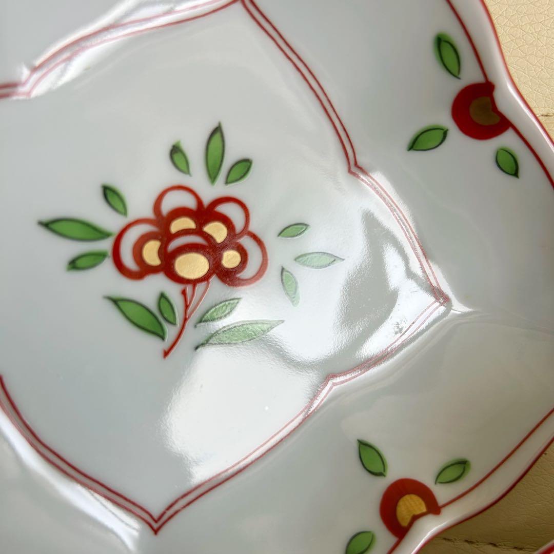たち吉　赤絵　菱形銘々皿揃　5枚セット　ひし形　金彩　桔梗皿　輪花皿　中皿角皿