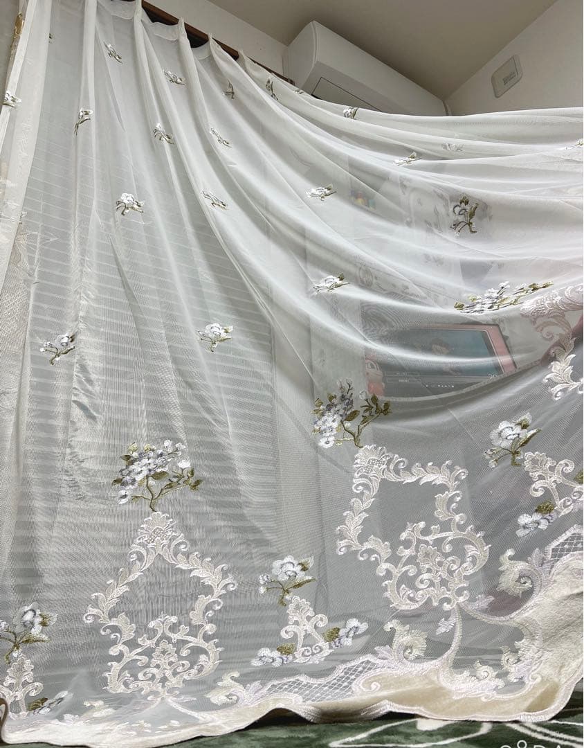 2枚組 レースカーテン 刺繍 サロン 店 ルーム カーテン おしゃれ 花柄 安