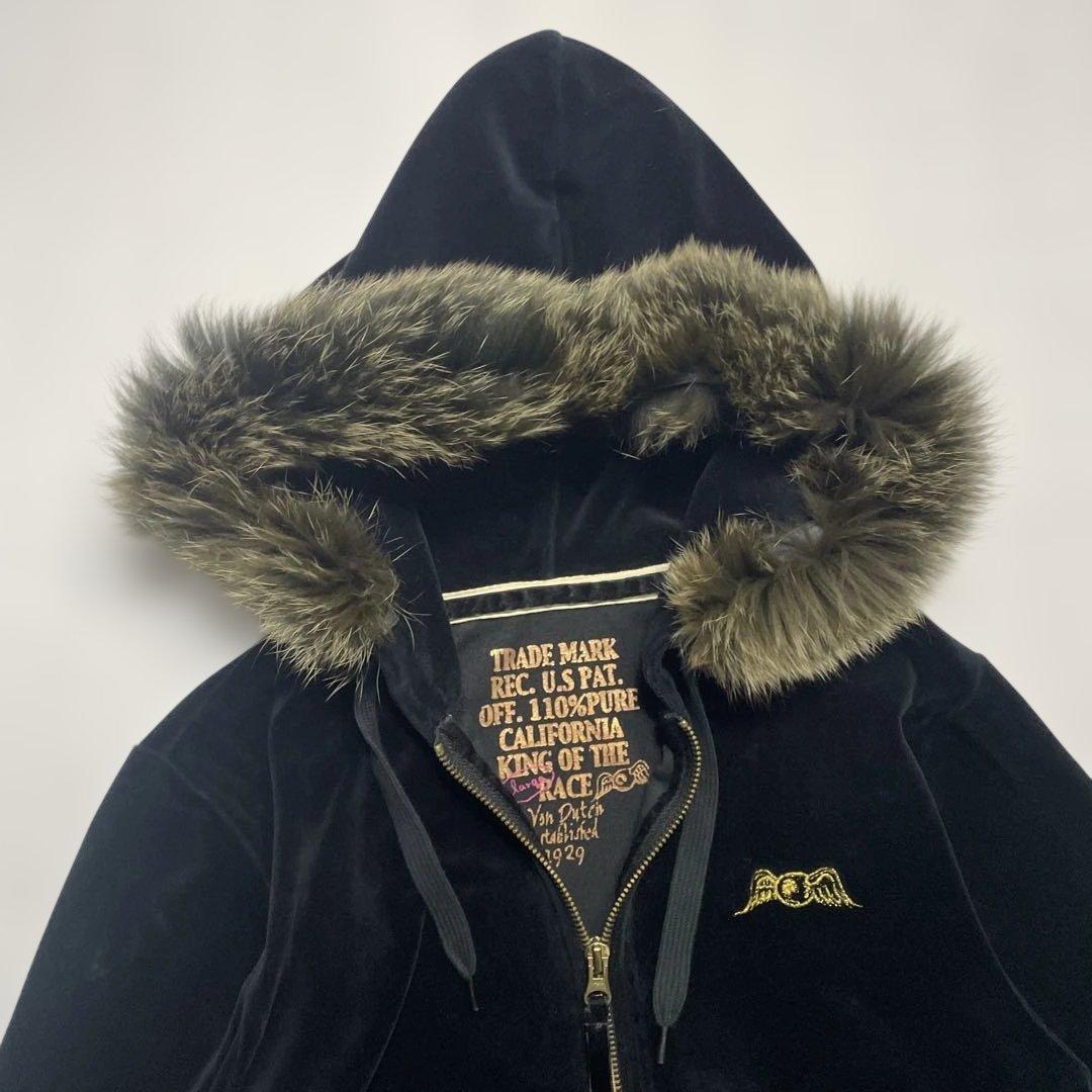 VON DUTCH ファー付きベルベットパーカー 刺繍ロゴ ブラック L Y2K