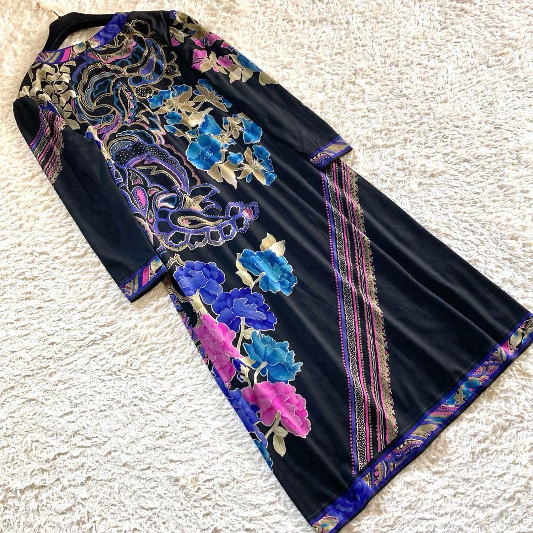 【極美品】レオナール ボタニカル フラワートリム ペイズリー ロングワンピース