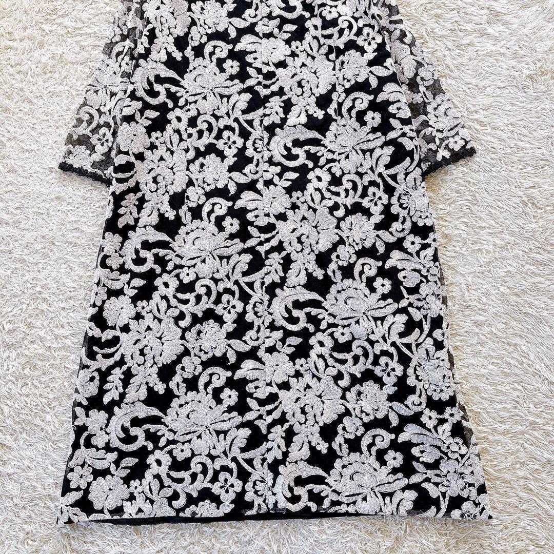 クリ済✨美品✨レリアン 花柄ワンピース 大きいサイズ17+ 刺繍 レース 白×黒
