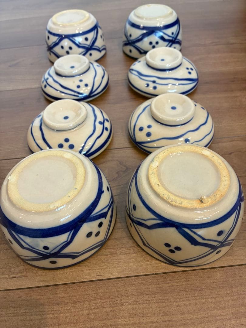 ベトナム　ソンべ焼き　ライテウ焼き　蓋つき煮物椀 クリーム色 紺色　4個