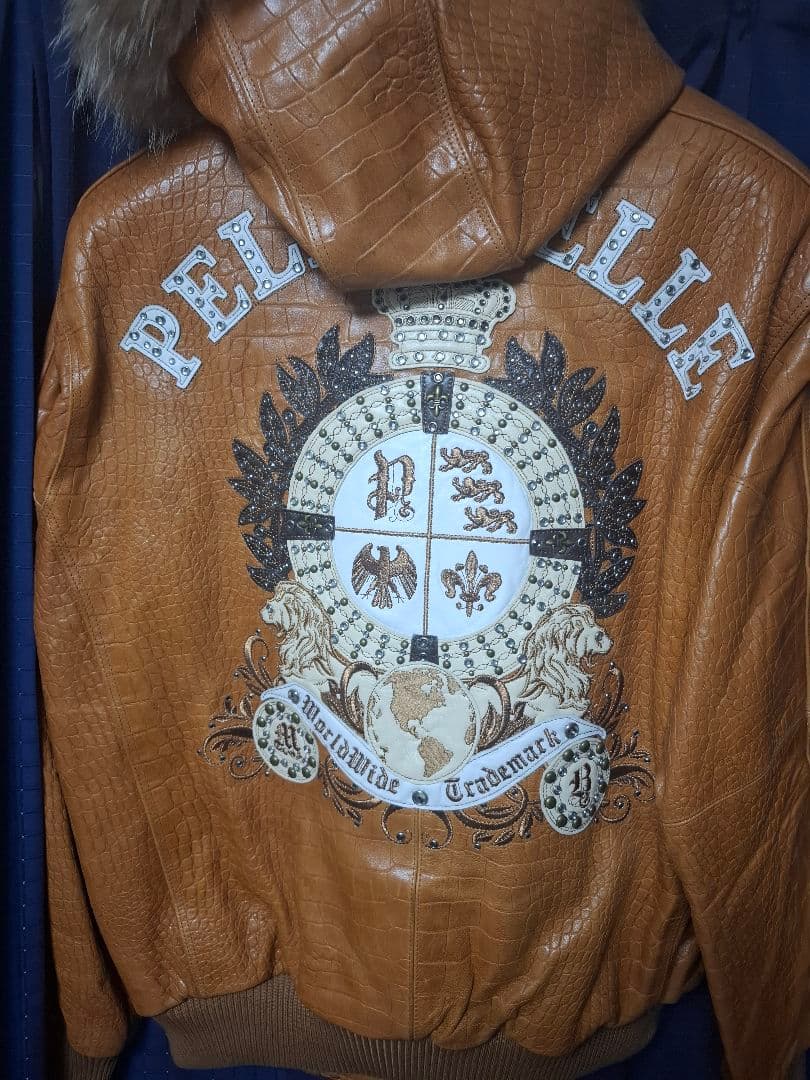 大きいサイズ52 pellepelleペレペレファー付きレザージャケット