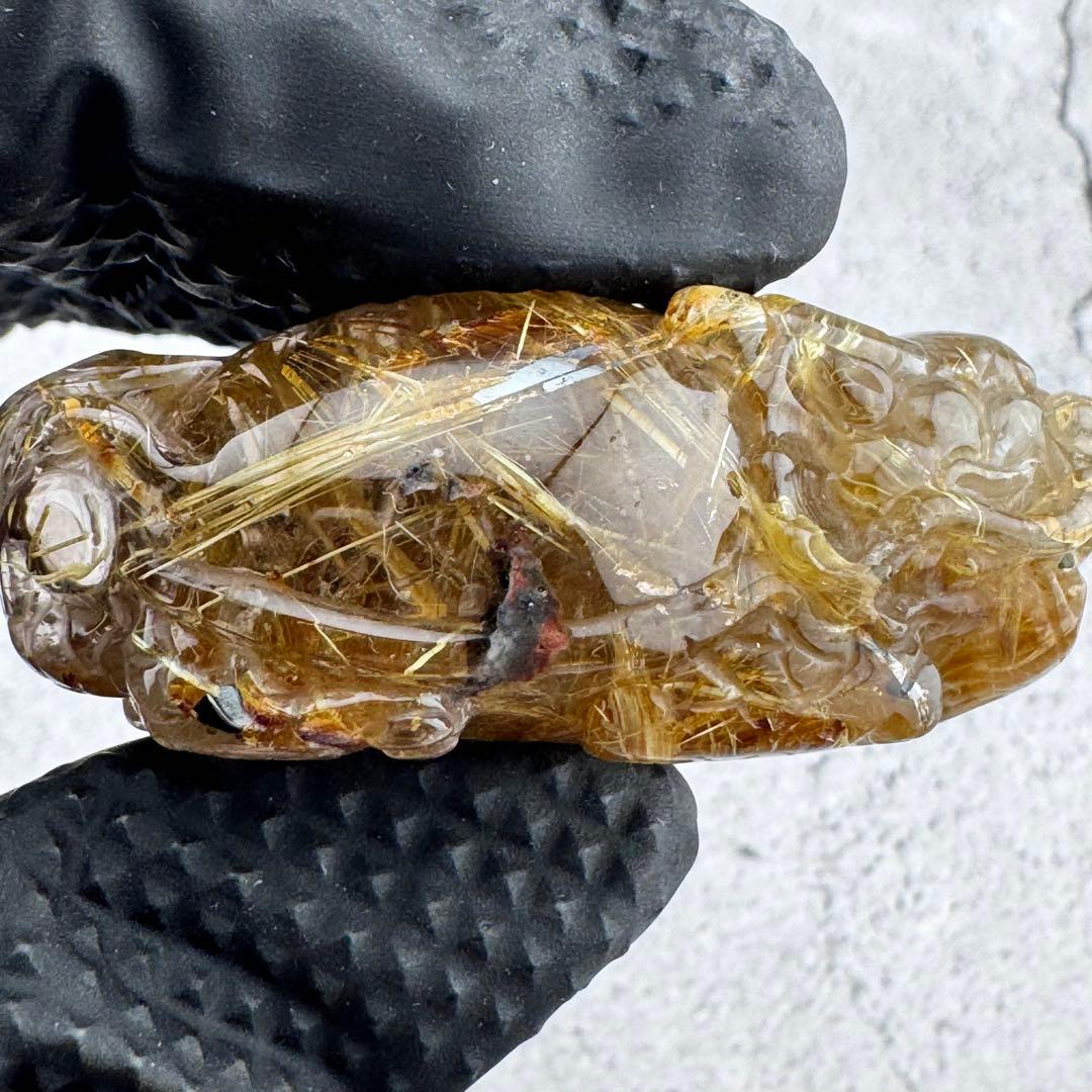 T-24天然タイチンルチル手彫り龍亀ゴールドルチル 金針水晶 ロングイ開運
