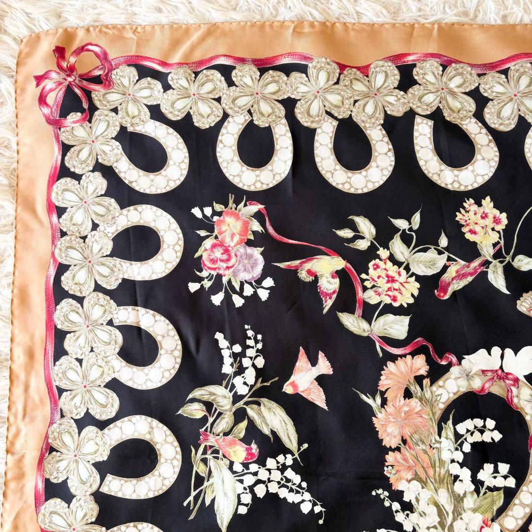 【美品】ディオール 大判シルク スカーフ Diorロゴ 花 鳥 トンボ リボン