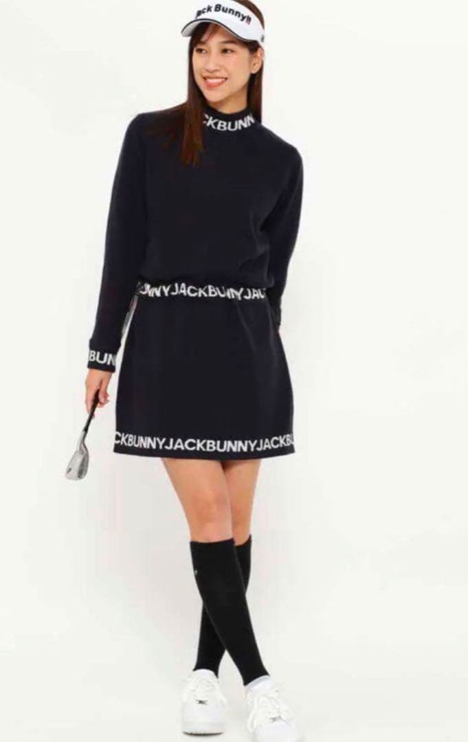 タグ付美品【Jack Bunny!!】ゴルフ ニットワンピース ロゴ 裏地付 紺