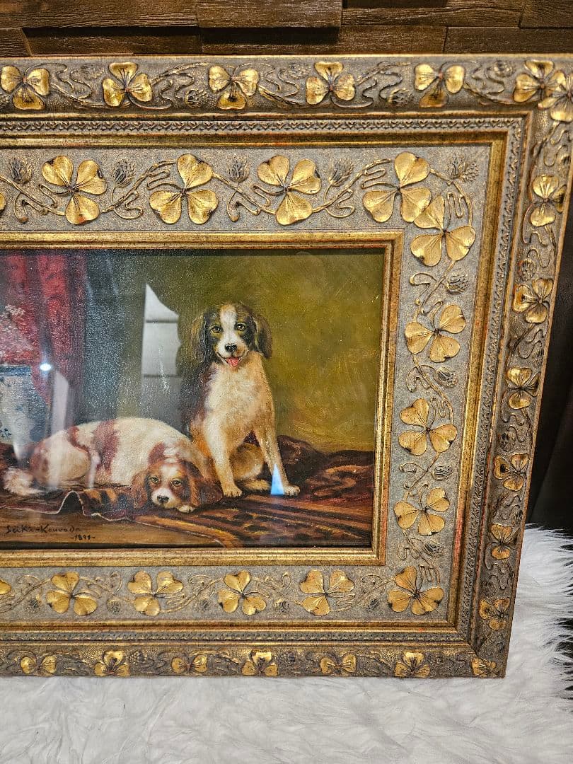 ​【模写】黒田清輝「二匹の犬」19世紀様式 三つ葉クローバー豪華額装 油彩画