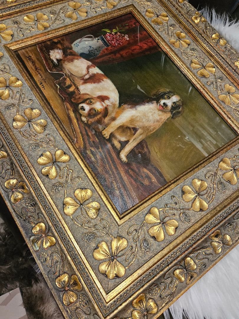 ​【模写】黒田清輝「二匹の犬」19世紀様式 三つ葉クローバー豪華額装 油彩画