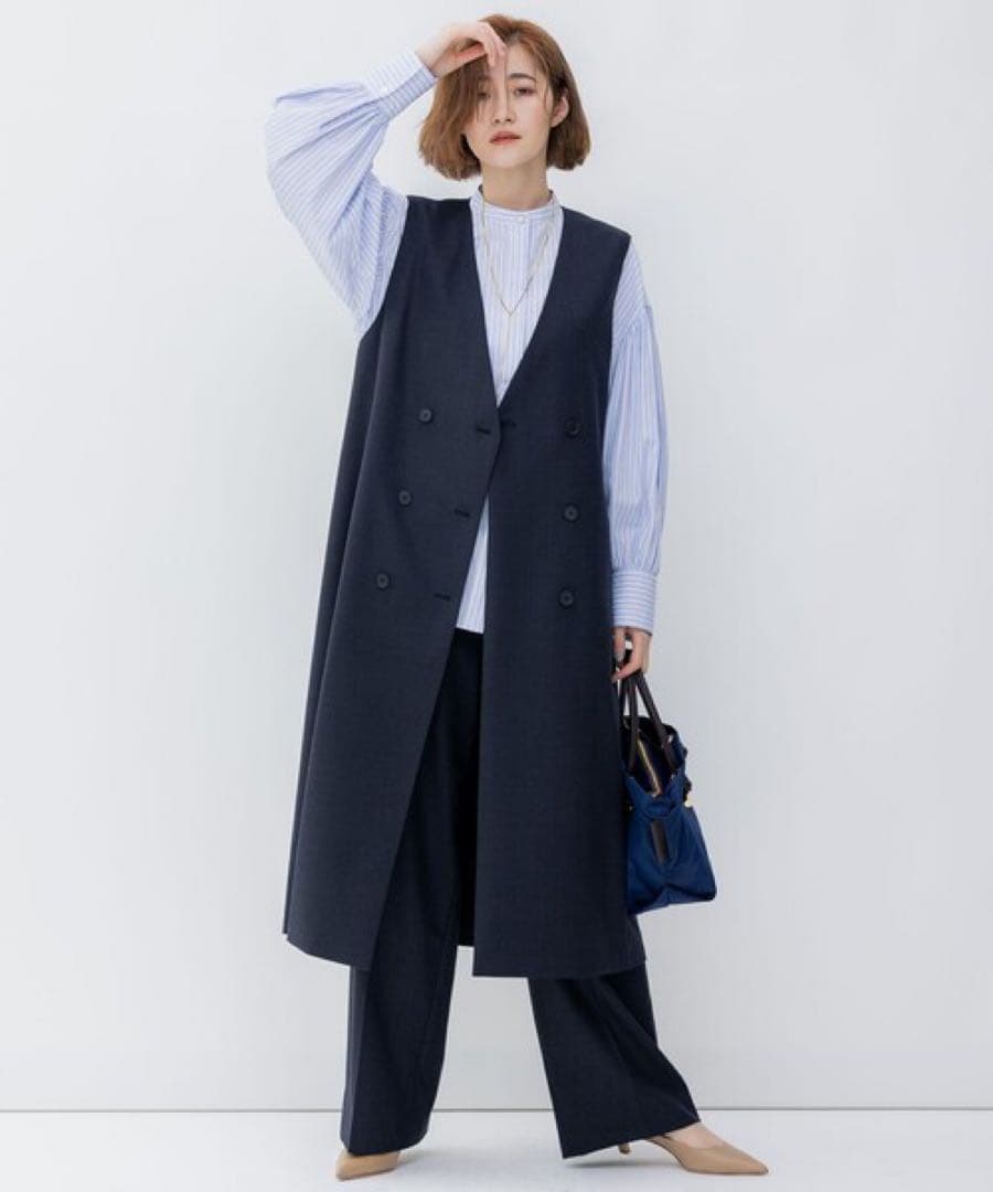 新品✨23区 ウーステッドウールツイル ロング ジレ　紺　4万　Mサイズ