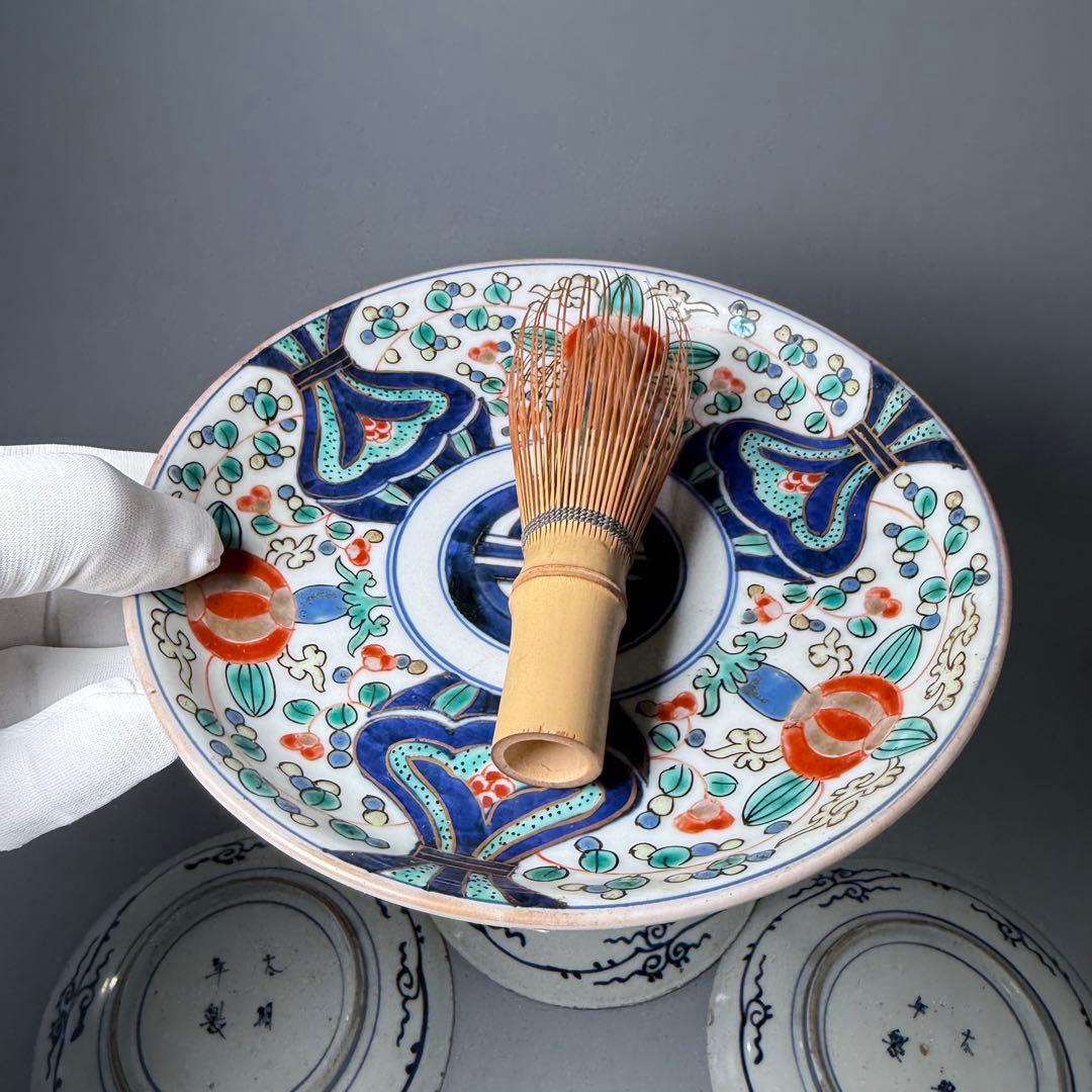 江戸時代　古伊万里　色絵三方花唐草文様皿　五枚　「太明年製」　直径17.6cm