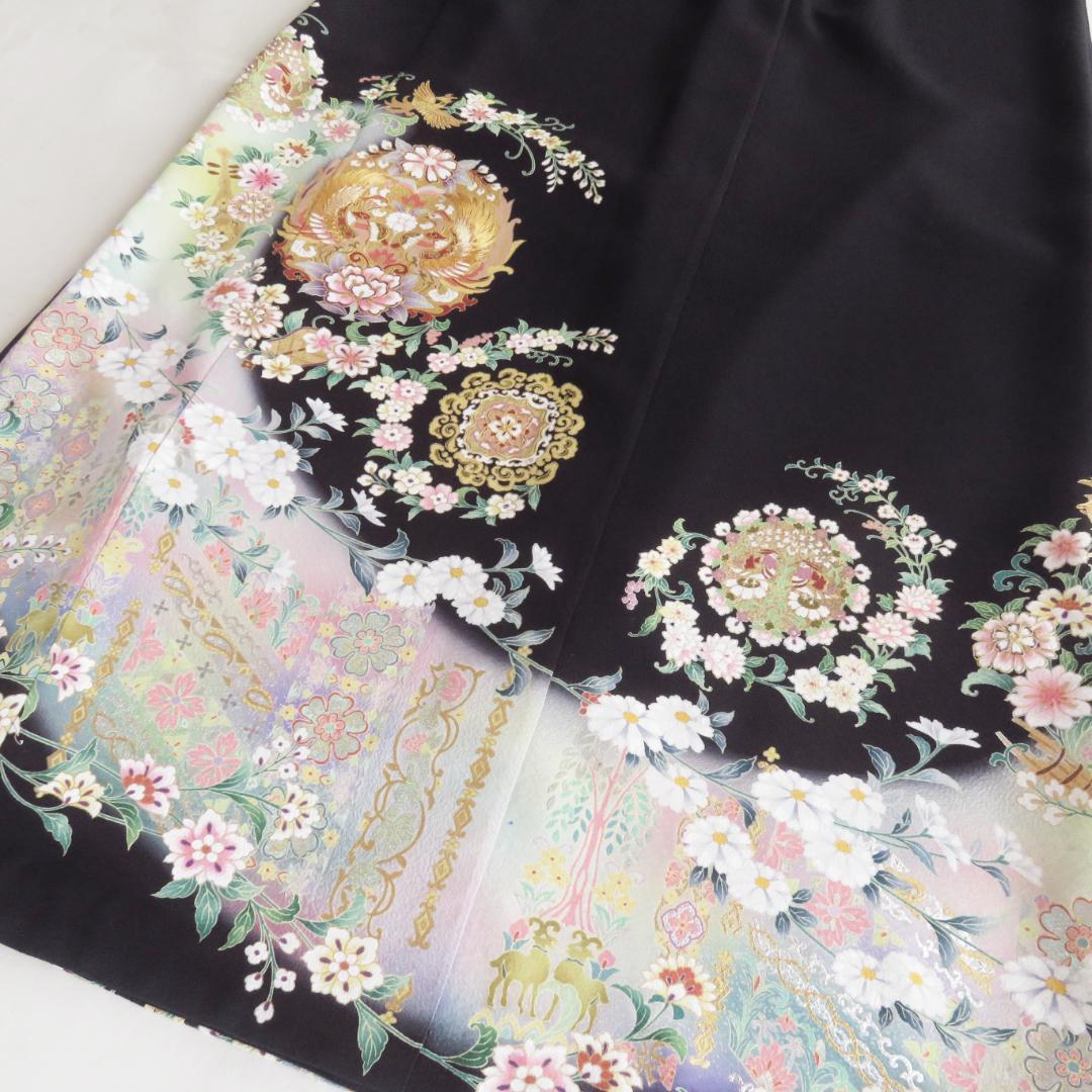 着物リメイク　ワンピース 　黒留袖　駒刺繍　向かい鳥正倉院花文　金彩　ドレス