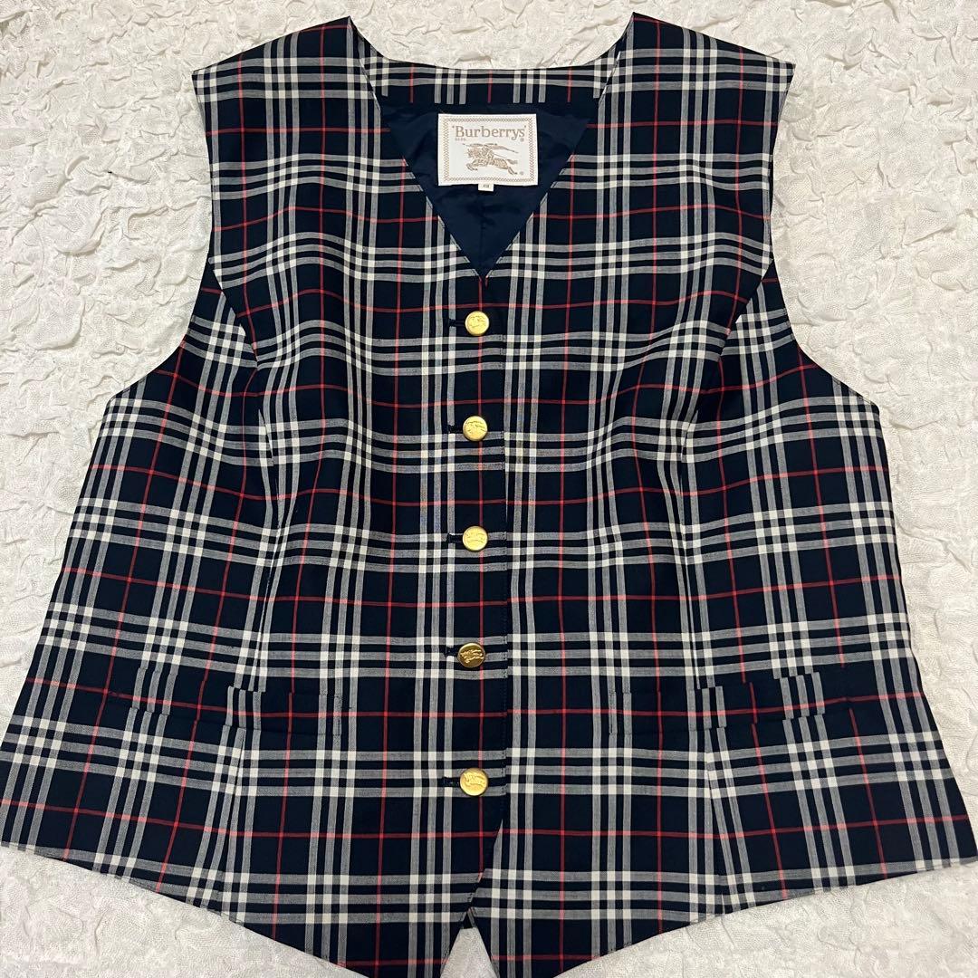 13サイズXL【Burberrys】ベスト ノバチェック 紺 金ボタン 毛ウール