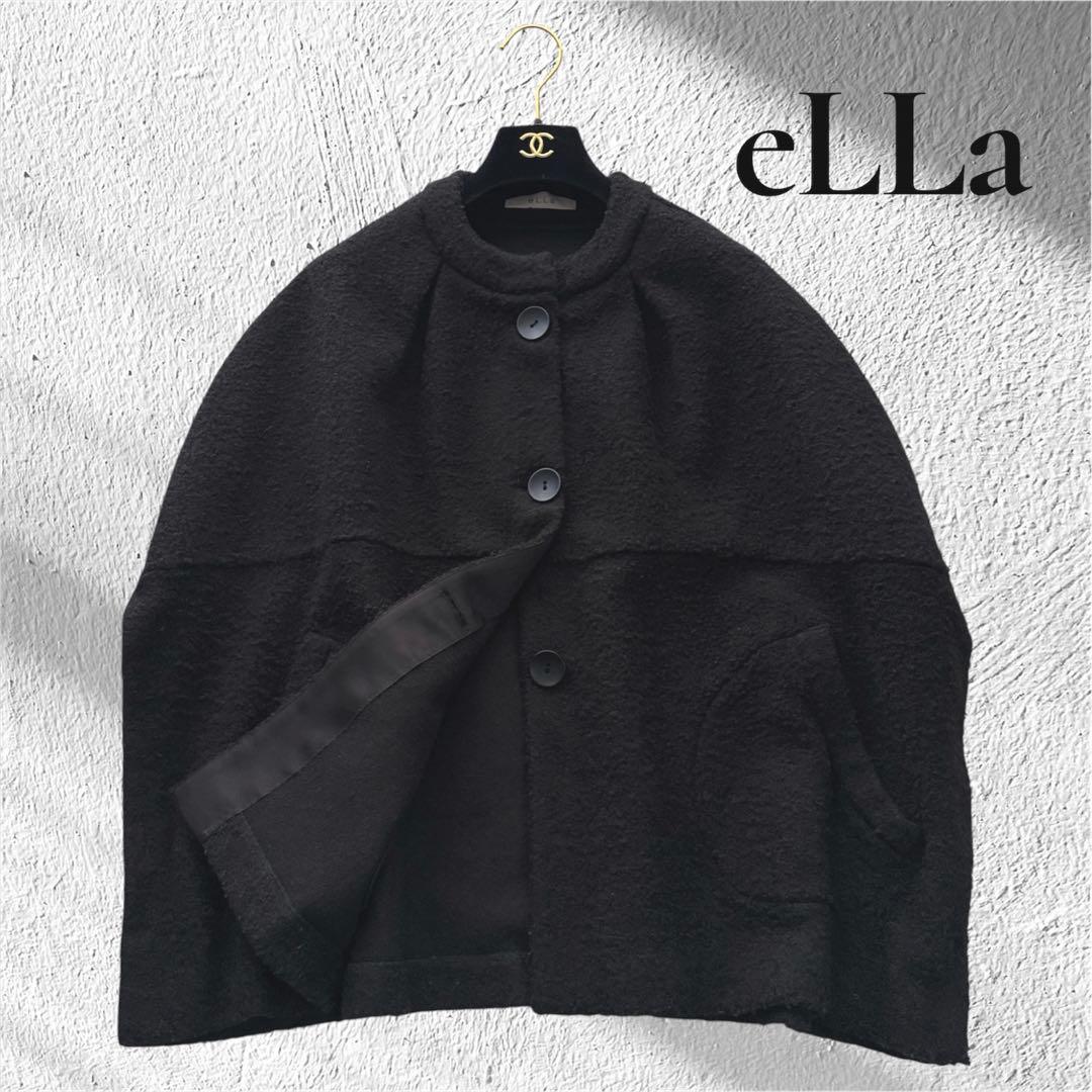 【eLLa】プードルポンチョ プルオーバー ノーカラーケープジャケット ボア 黒