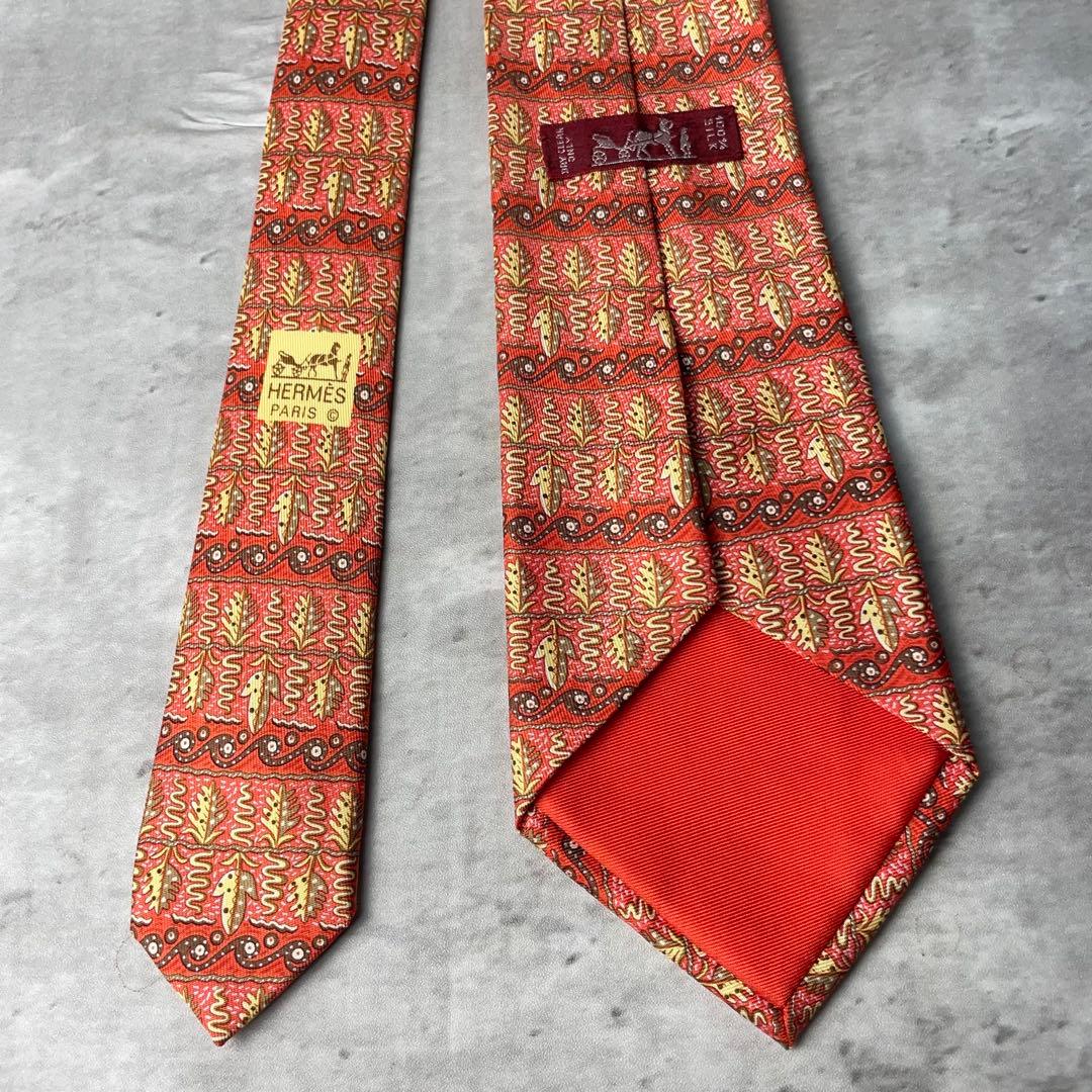美品 HERMES エルメス ボーダー 葉柄 ヘビ ネクタイ レッド 赤
