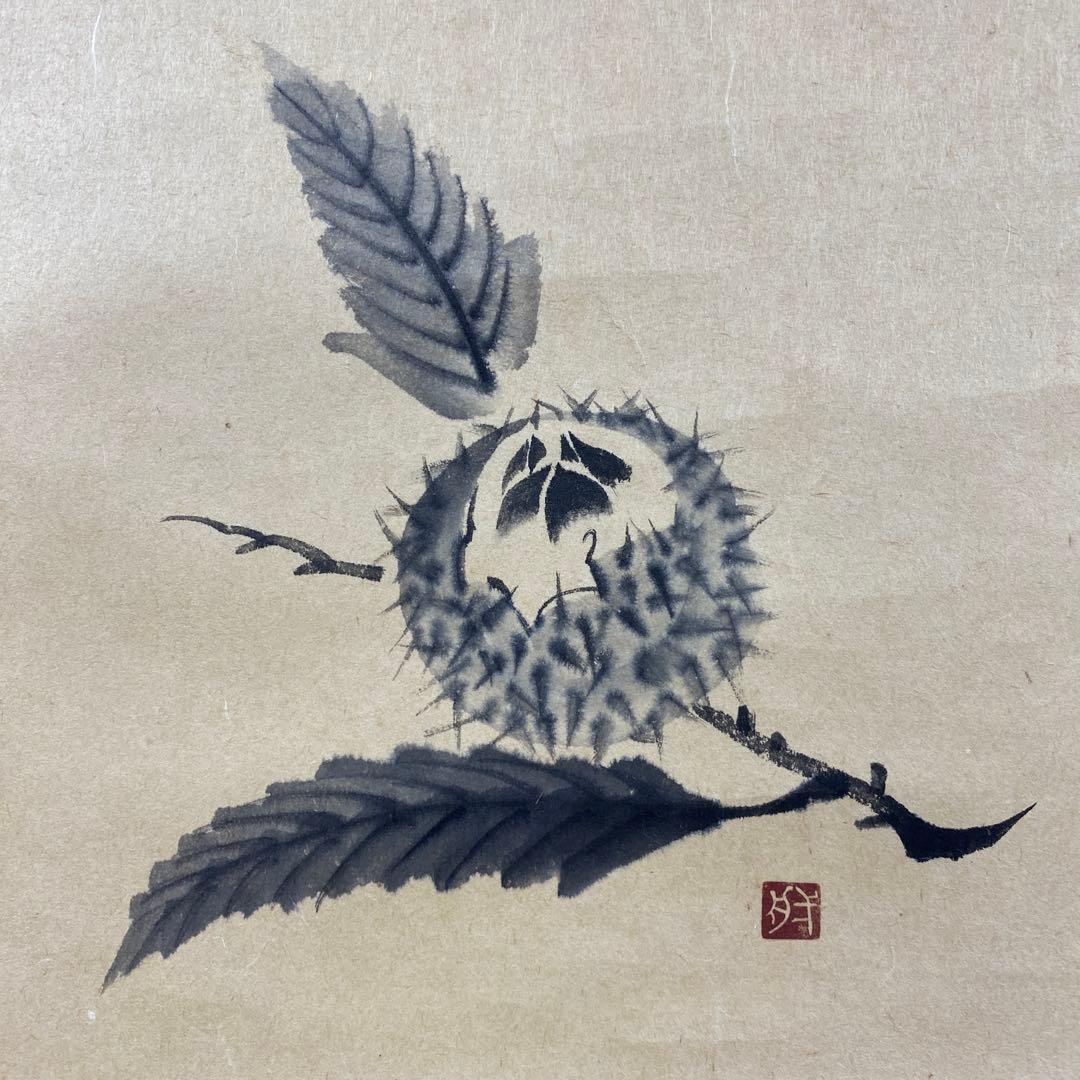 美品 掛け軸 矢野一甫作 栗画賛「万里無片雲」前大徳 共箱 茶掛け 禅語
