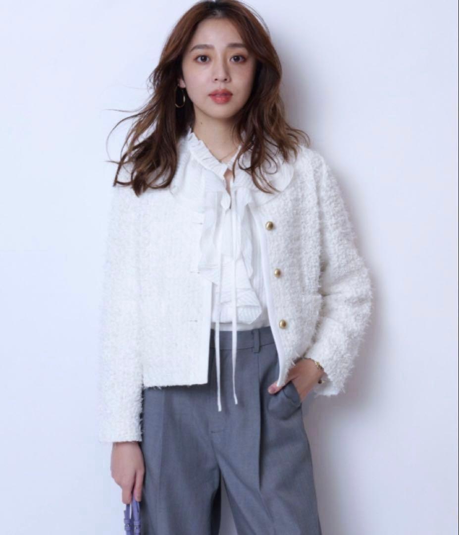 【美品】ジャスグリッティー シアーストライプラッフルブラウス オフィス