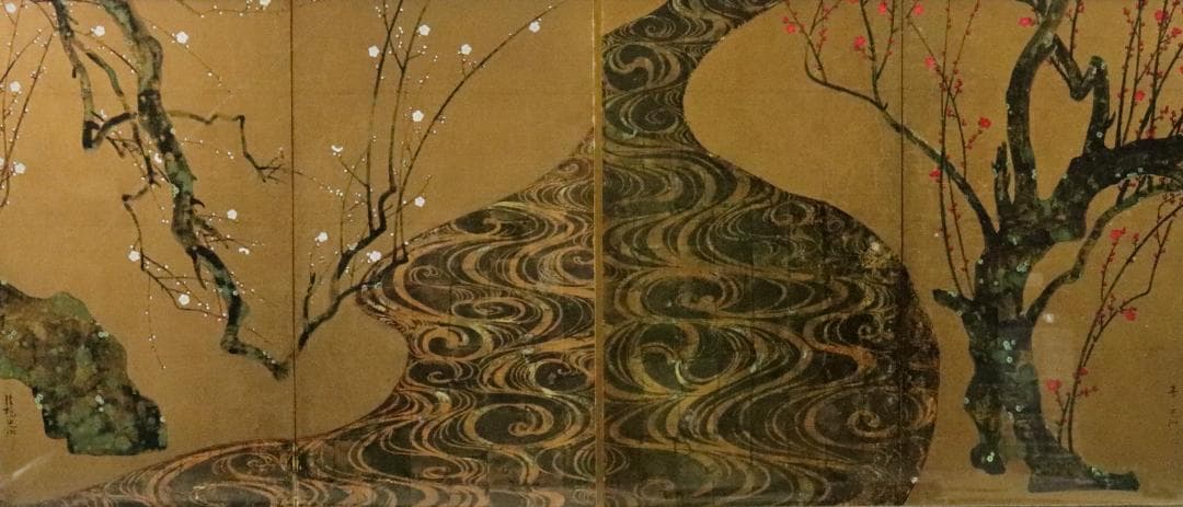 5065■尾形光琳 「紅白梅図屏風」ミニ屏風 額装